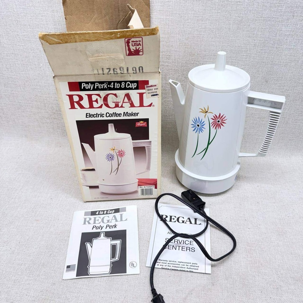 Regal Poly Perk 4-8 Cup Electric Coffee Maker Vintage K7508FD White Floral MCM